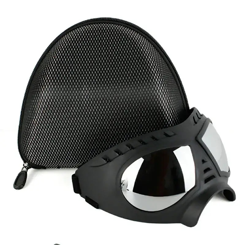 Protective goggles or safety glasses with a mesh carrying case.