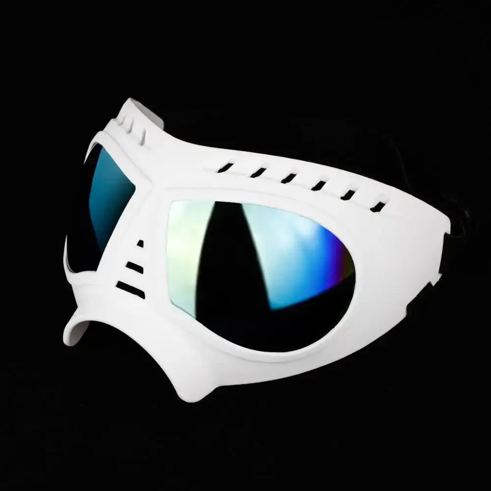 White ski goggles with iridescent blue-tinted lenses.