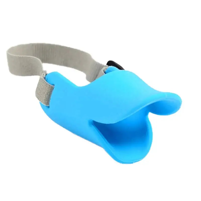 Blue silicone dog muzzle with an adjustable gray strap.