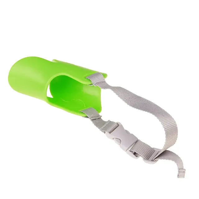 Bright green plastic scoop with an adjustable gray strap attached.