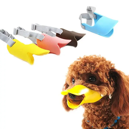 Duck-bill shaped muzzle for dogs in various colors.