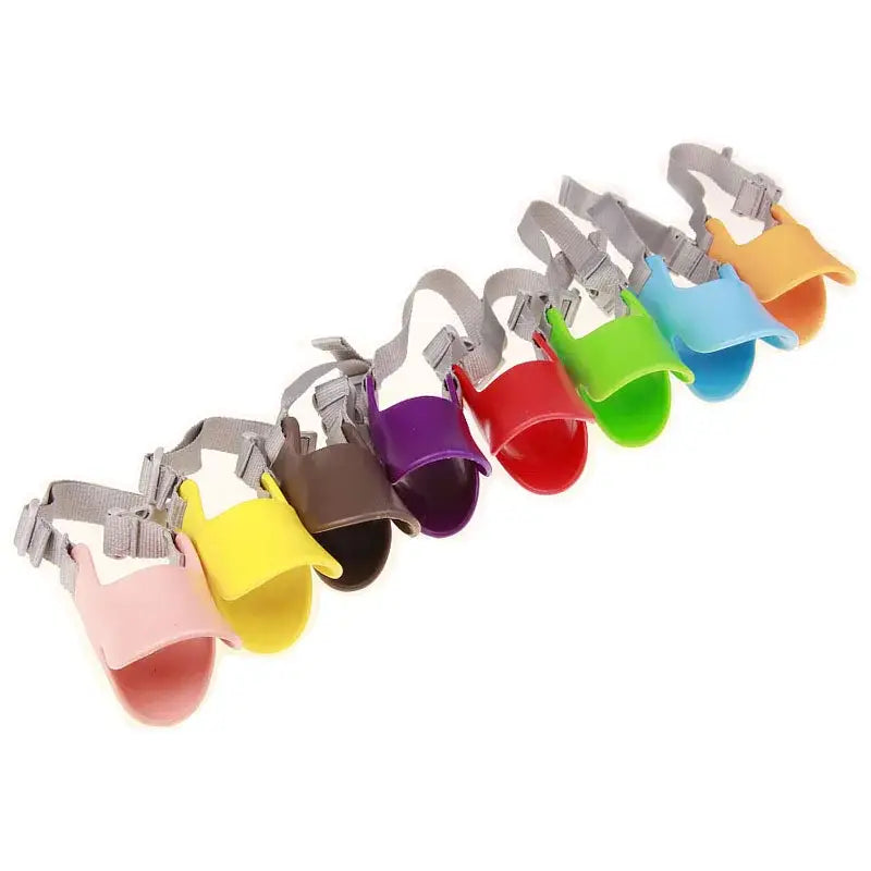 Row of colorful plastic cup holders with metal clips.