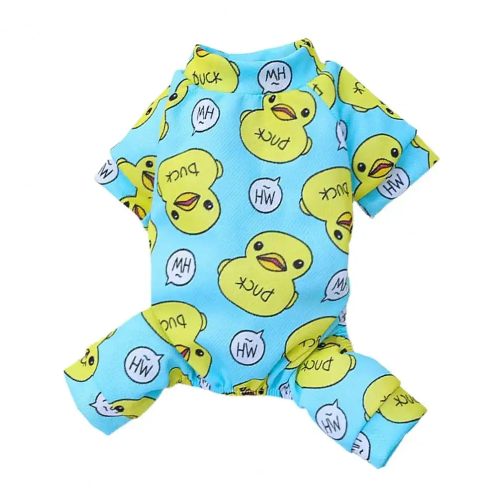 Dog pajamas with a duck and speech bubble pattern.