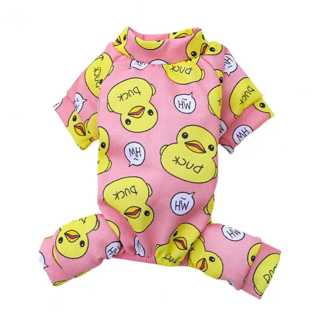 Pink pajama onesie for a small pet with yellow duck and text print pattern.