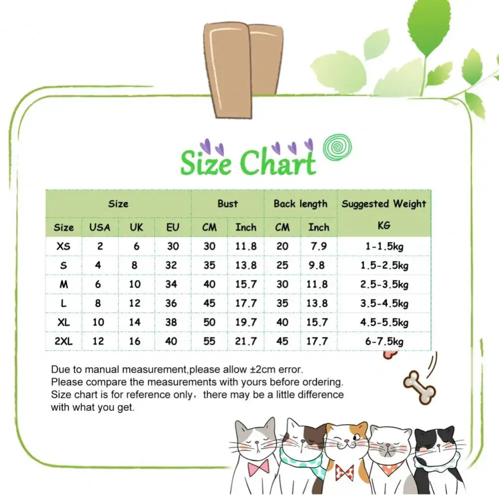 Size chart for pet clothing with measurements and cartoon cat illustrations.