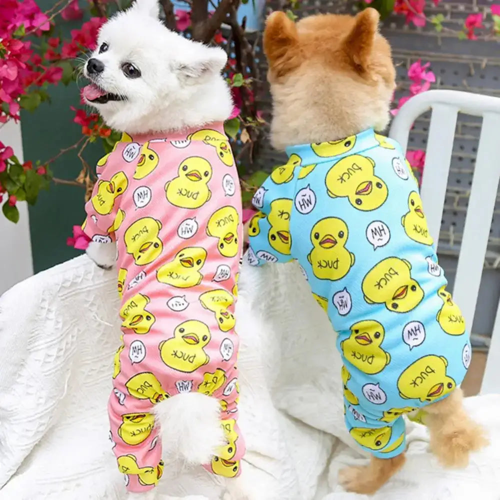 Two dogs wearing colorful duck-patterned onesies.