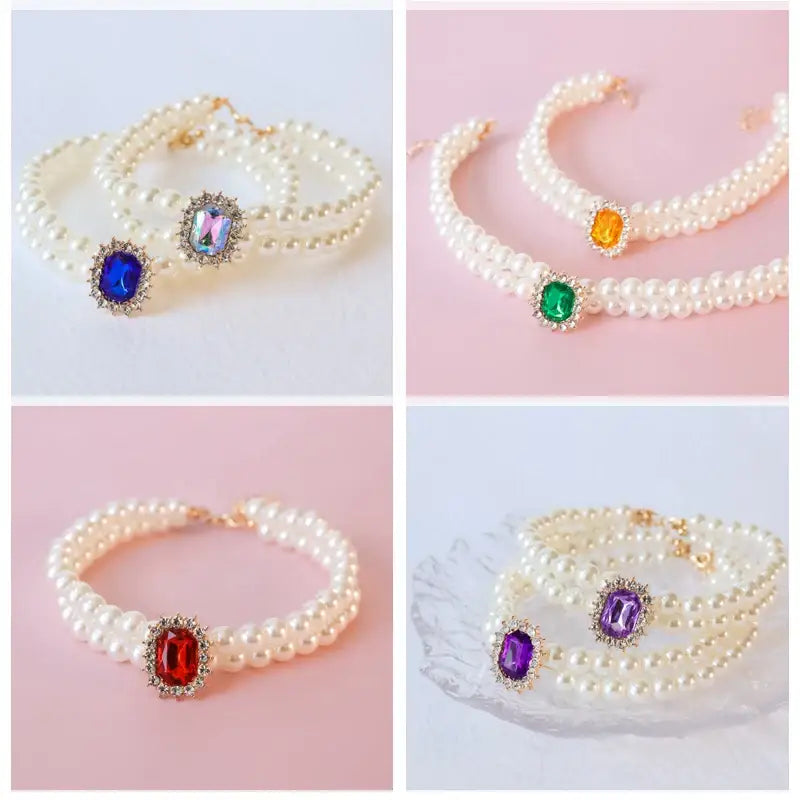 Pearl necklaces with colorful gemstone pendants.