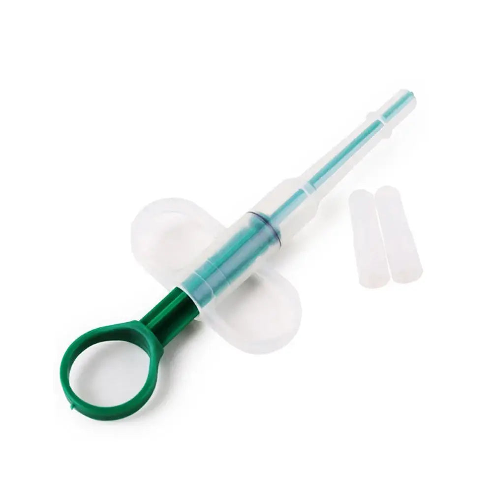 Medical syringe with a green ring-shaped handle.