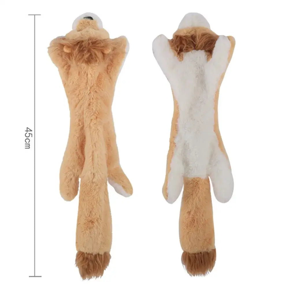 Plush dog toy with elongated body and fluffy tail.