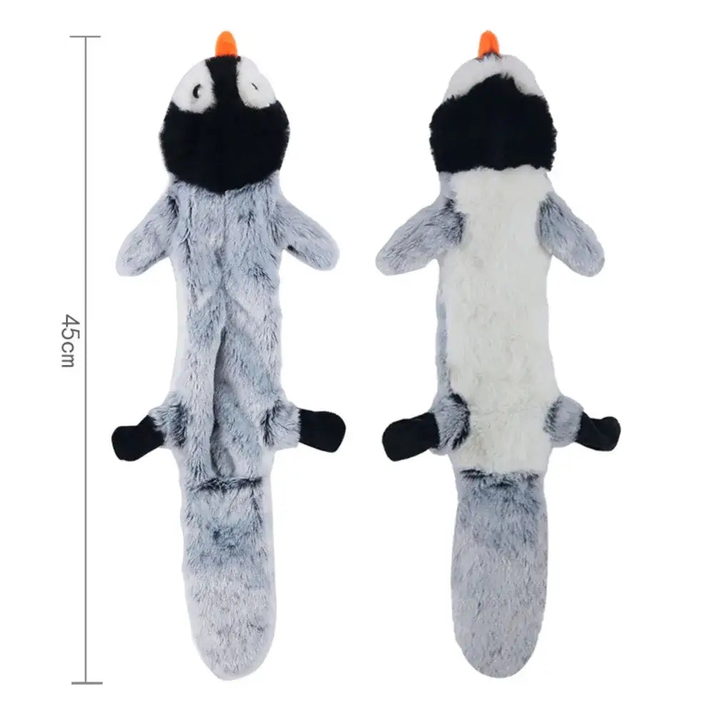 Plush penguin toy with a long, flat body and orange beak.