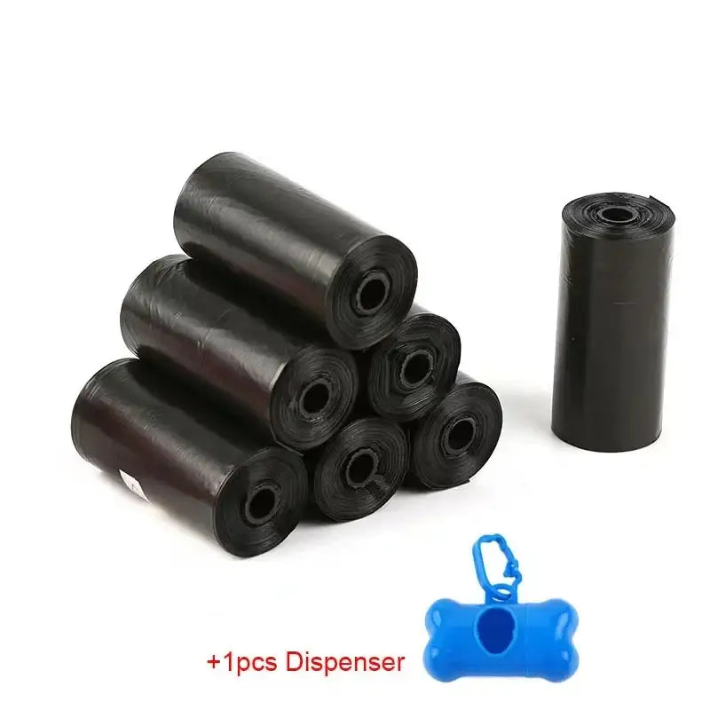 Black cylindrical plastic rolls for dog waste bags with a blue bone-shaped dispenser.