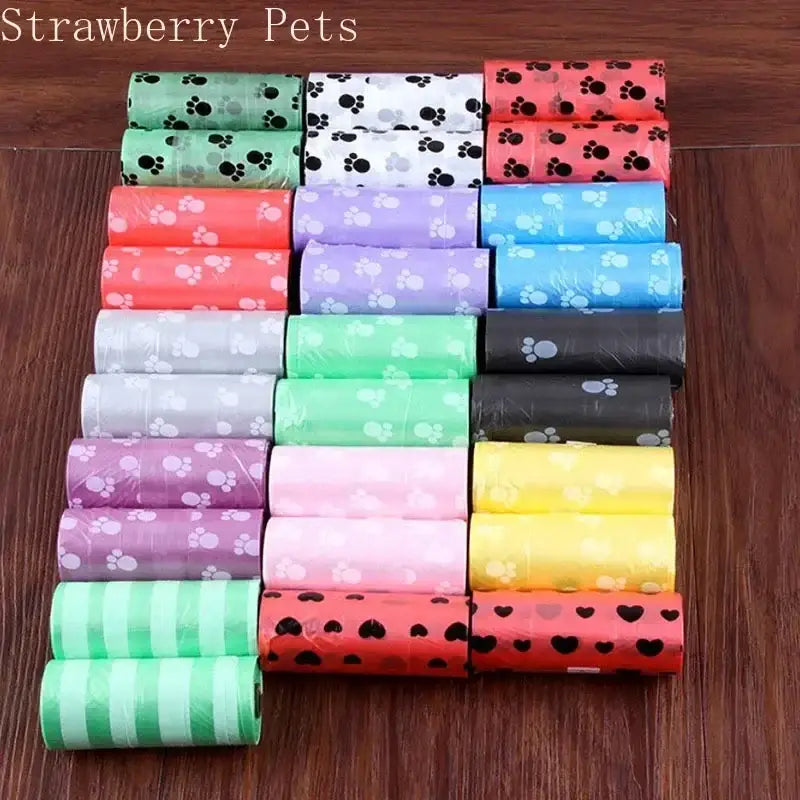 Colorful rolls of patterned waste bags for pet waste disposal.