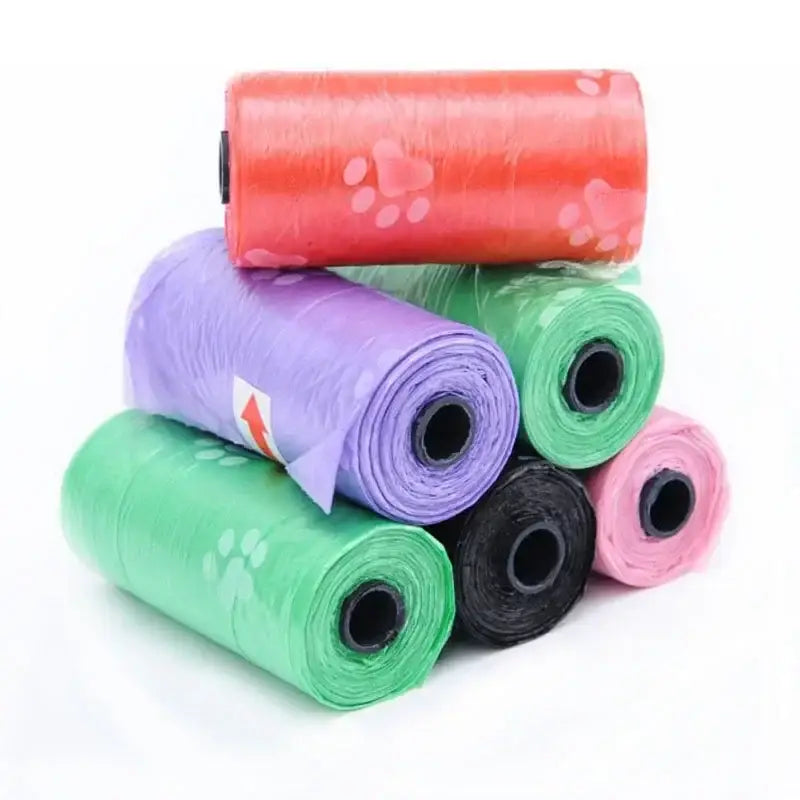 Colorful rolls of plastic dog waste bags.