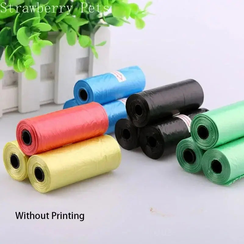 Colorful rolls of plastic waste bags or pet waste bags.