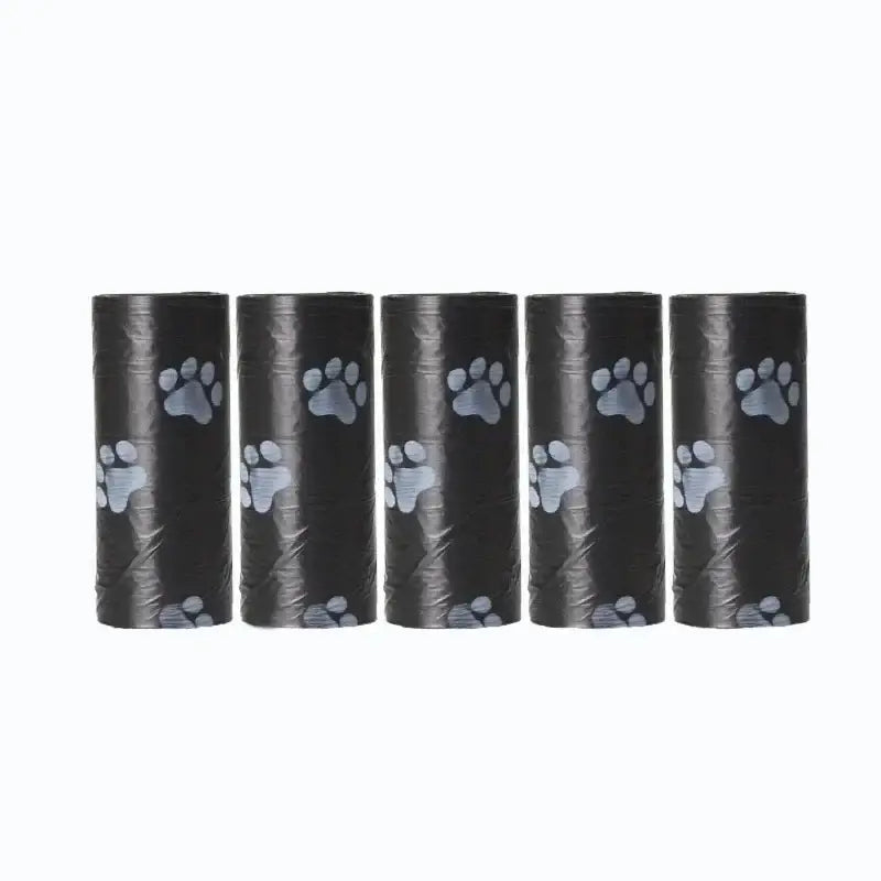 Five black cylindrical rolls with gray paw print patterns.