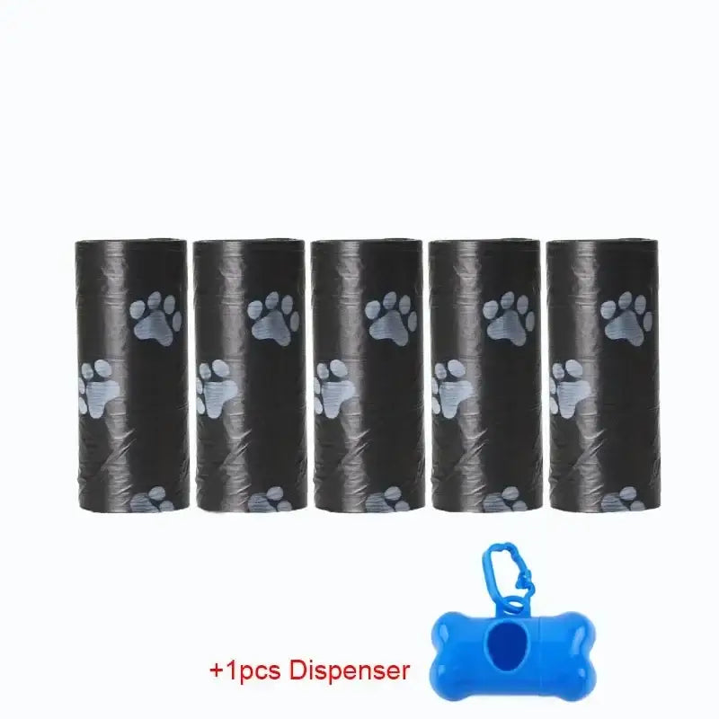 Five black cylindrical rolls with gray paw print patterns, accompanied by a blue bone-shaped dispenser.