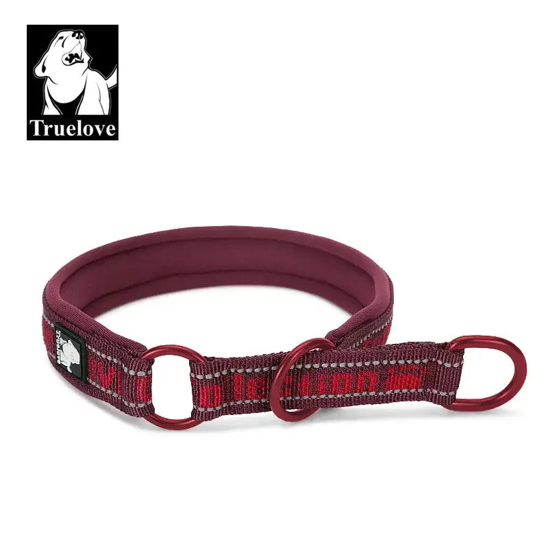 Burgundy padded dog collar with reflective stitching and a metal ring.