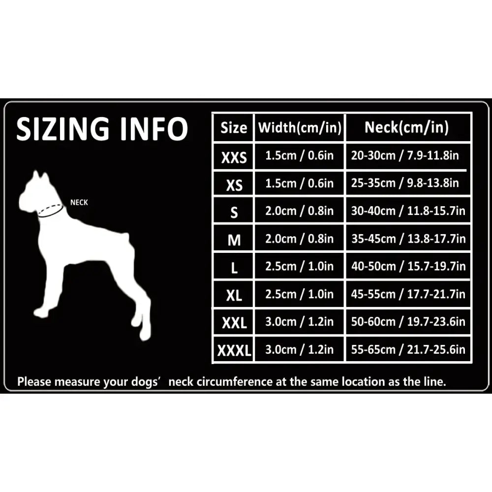 Sizing chart for dog collars or harnesses showing different sizes and corresponding neck measurements.