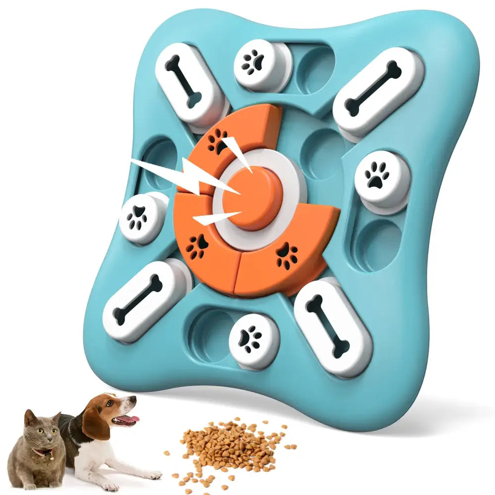 Dog puzzle toy with rotating orange center and white bone and paw print pieces on a teal base.