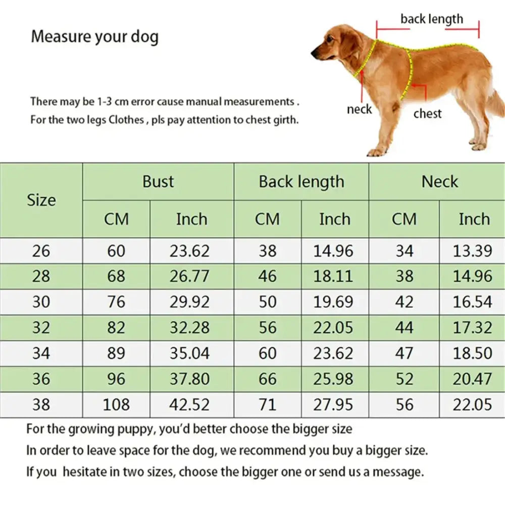 Dog measurement chart showing sizing guidelines for canine clothing or accessories.