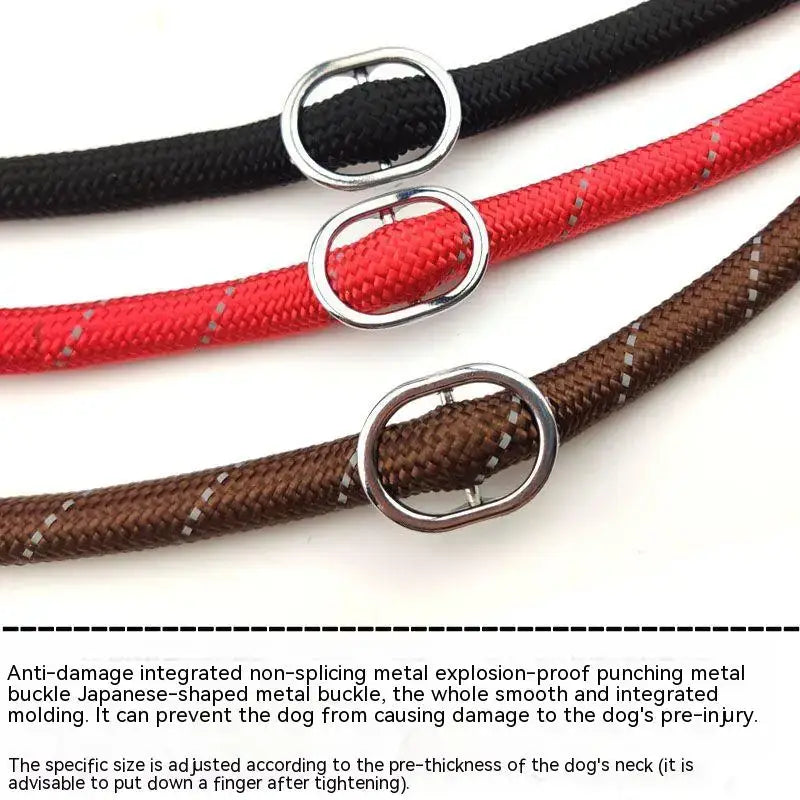 Adjustable nylon dog collars with metal buckles in black, red, and brown colors.