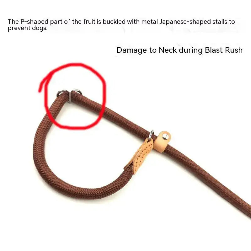 Brown rope leash with a metal clasp and a red circle highlighting the neck area.