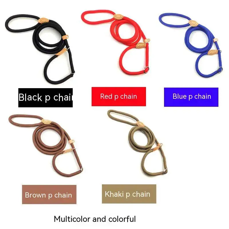 Colorful rope-style dog leashes or slip leads in various hues.