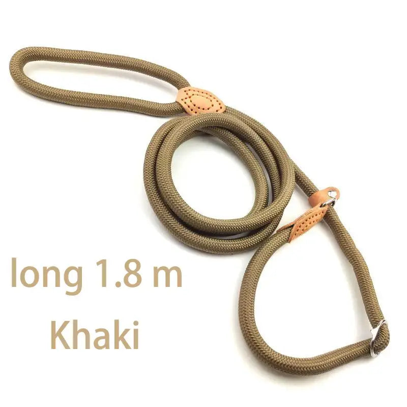 Khaki-colored rope dog leash with leather accents, measuring 1.8 meters long.