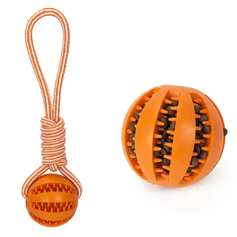 Orange rubber ball with grooves and ridges, shown with and without an attached rope handle.