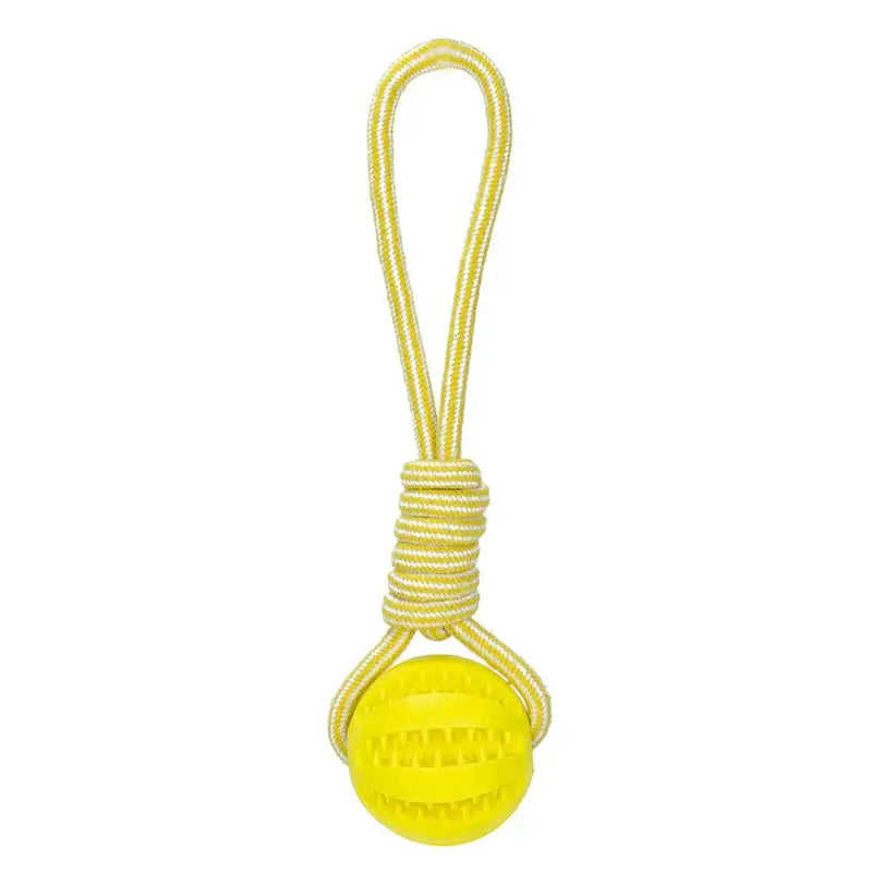 Yellow dog toy with a rope handle and a textured ball.