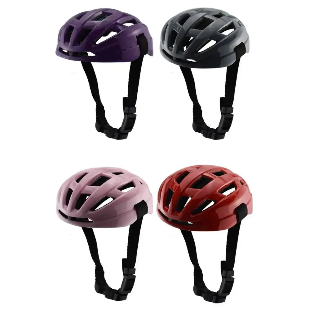 Bicycle helmets in four different colors: purple, black, pink, and red.