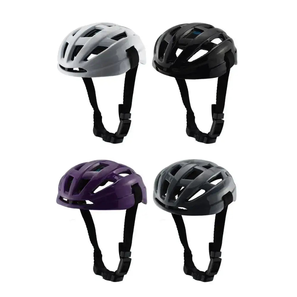 Bicycle helmets in four different colors: white, black, purple, and gray.