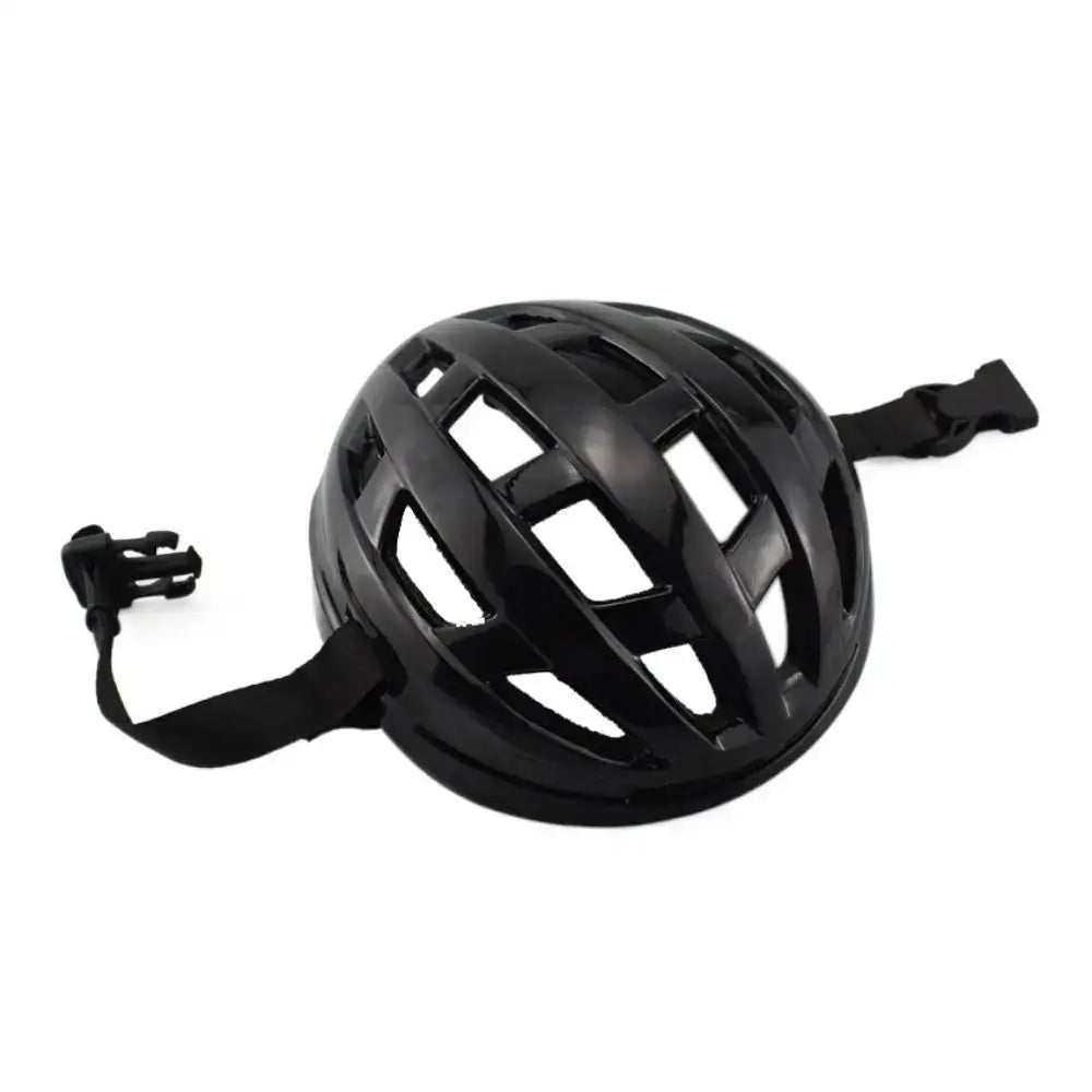 Black bicycle helmet with ventilation holes and straps.