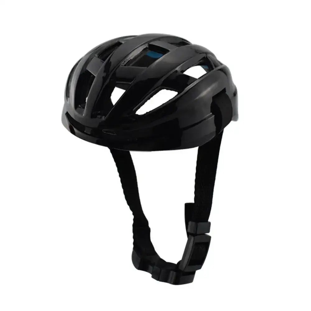 Black bicycle helmet with ventilation holes and adjustable straps.