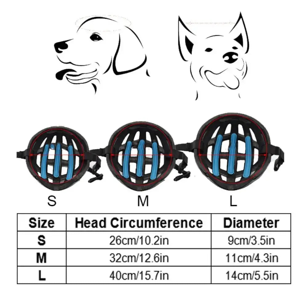 Dog muzzles in three sizes with a sizing chart.