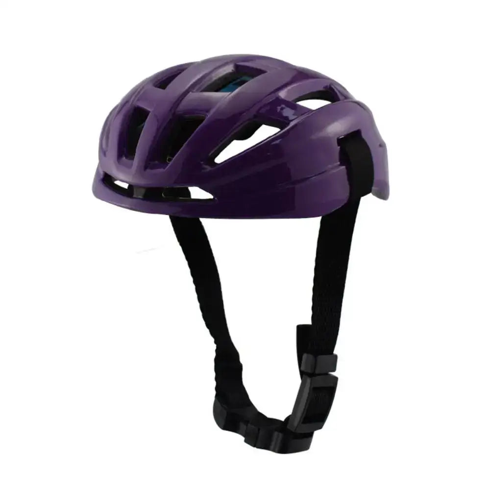 Purple bicycle helmet with ventilation holes and adjustable straps.