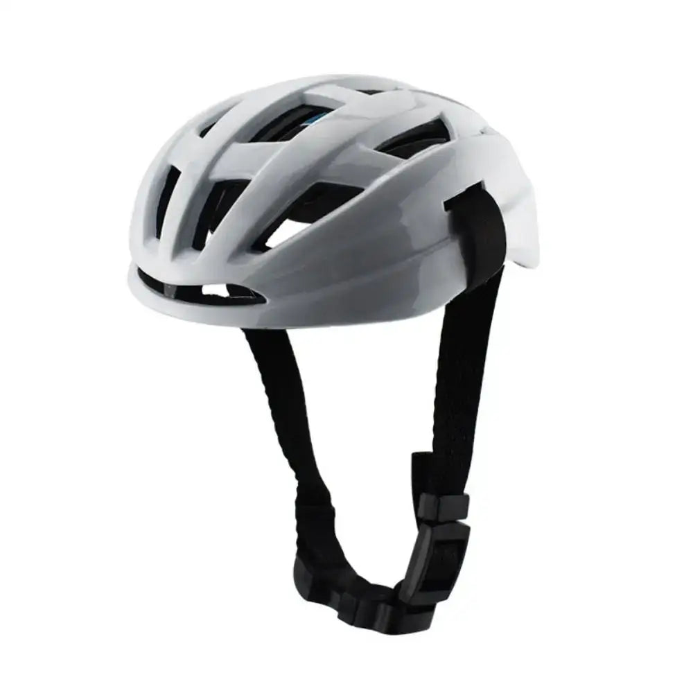 White bicycle helmet with ventilation slots and black straps.