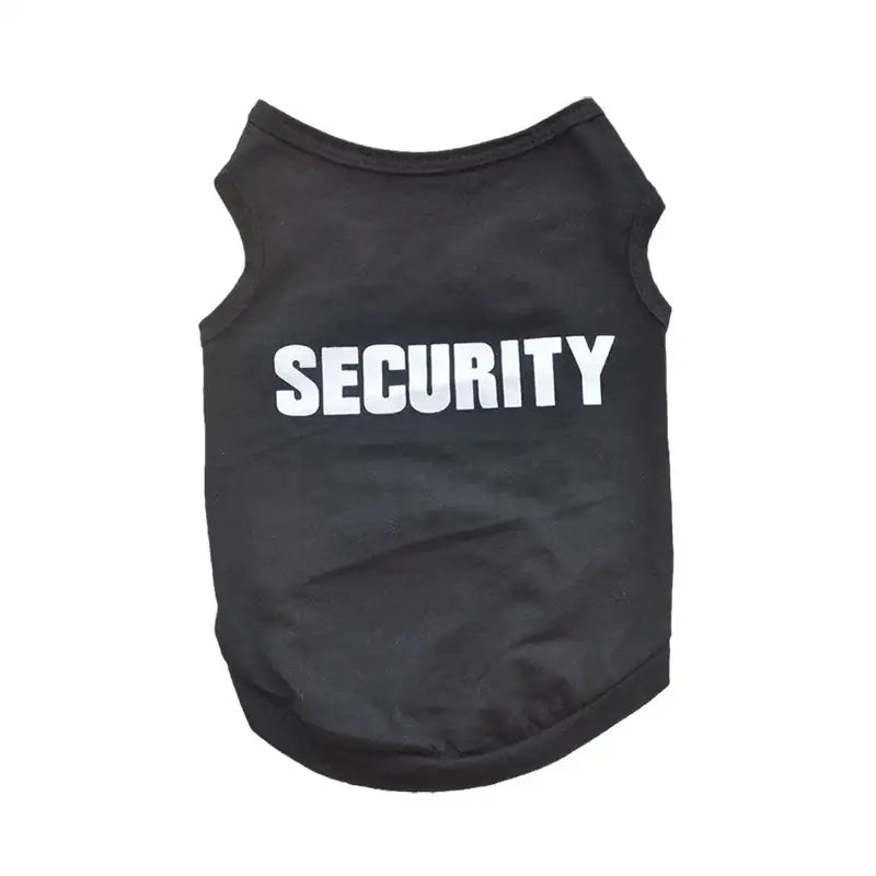 Black sleeveless dog vest with ’SECURITY’ printed in white letters on the back.