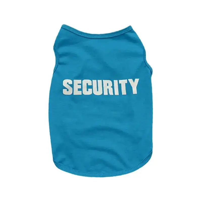 Blue pet vest with ’SECURITY’ printed in white letters on the back.