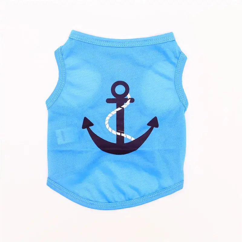 Light blue sleeveless shirt with a navy anchor design on the front.