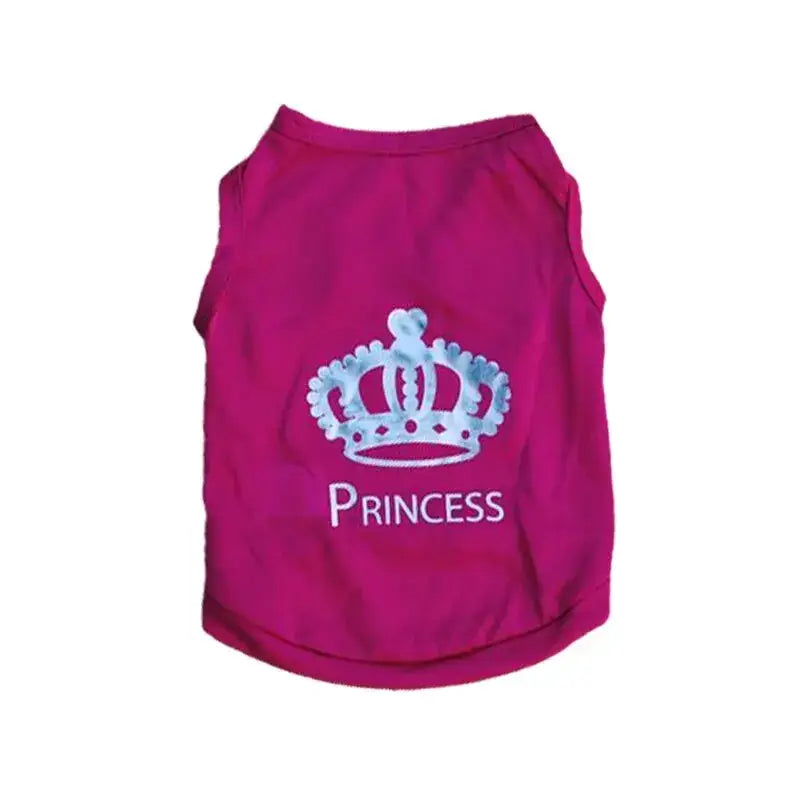 Pink dog vest with a blue crown design and ’Princess’ text.