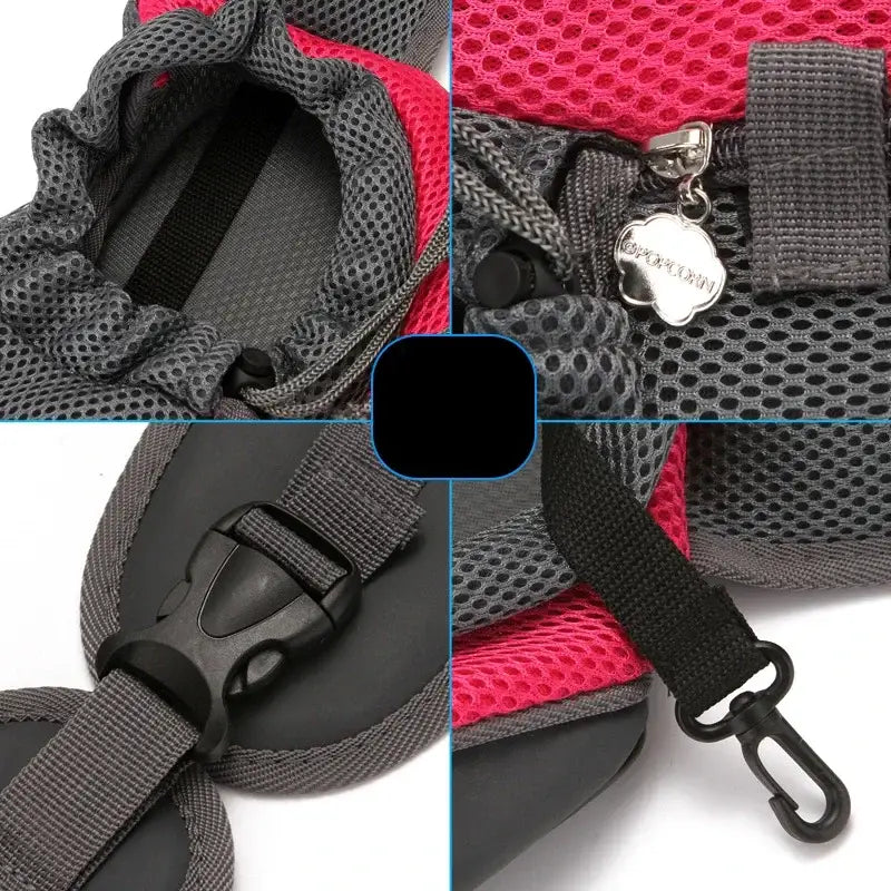 Collage of close-up details showing parts of a backpack or bag, including mesh fabric, zippers, straps, and buckles.