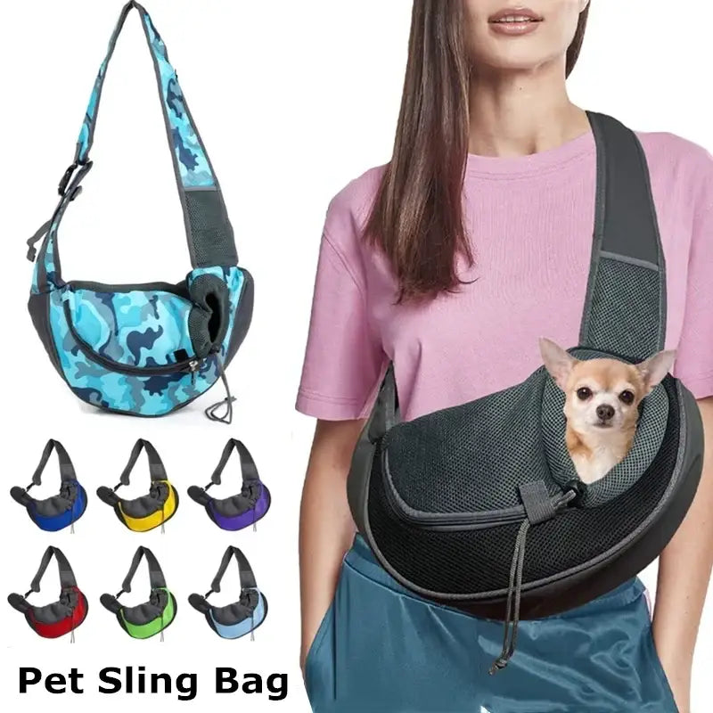 Pet sling bag designed to carry small dogs or cats, shown in various colors.