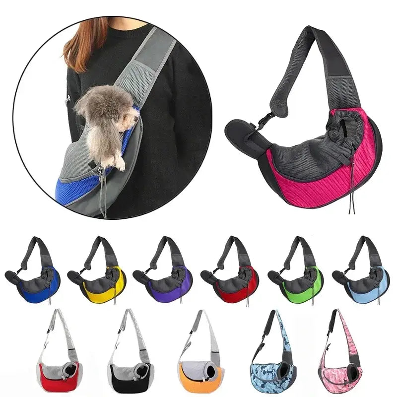 Pet carrier sling bags in various colors and styles.