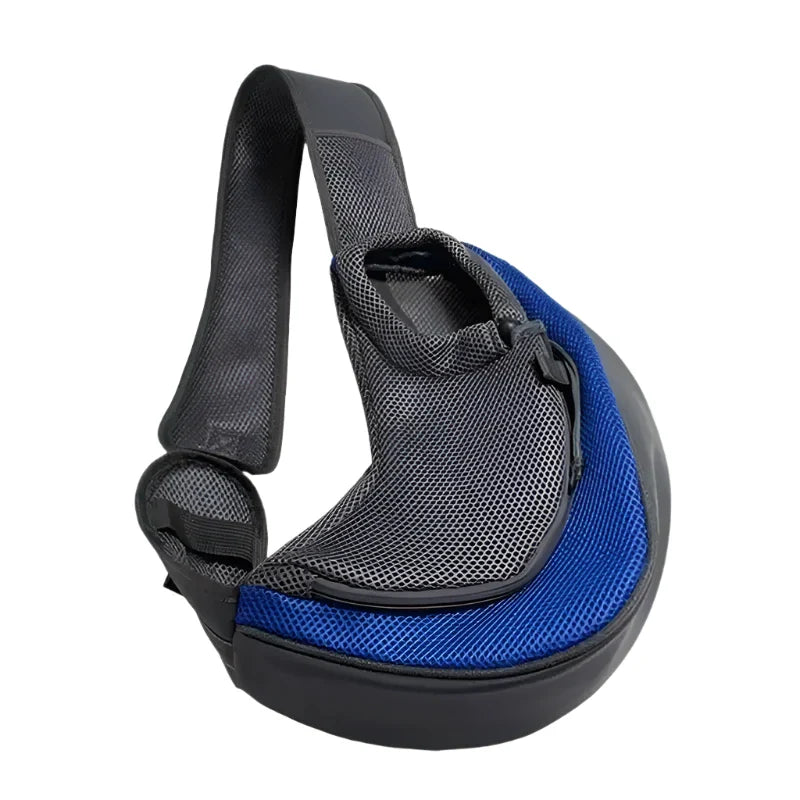 Pet carrier sling with dark blue and gray mesh fabric.