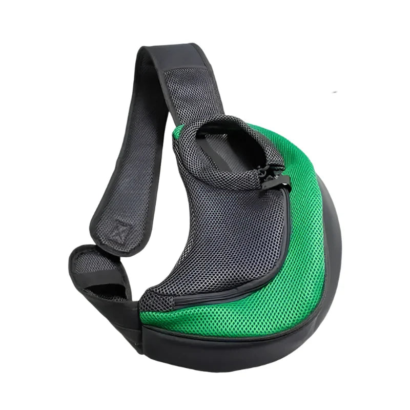 Pet carrier sling with a green accent.