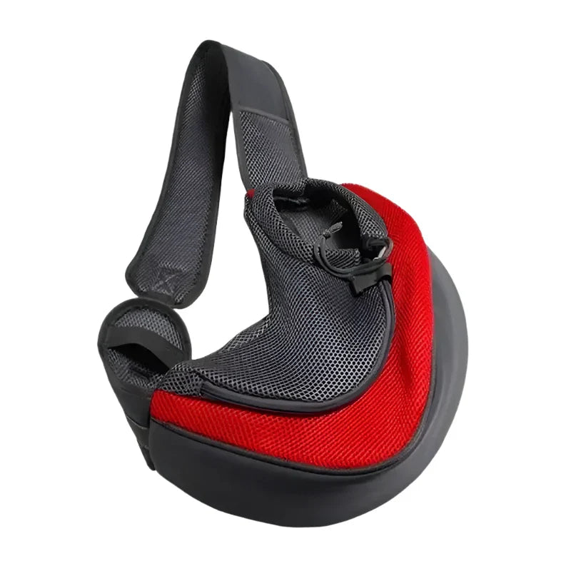 Pet carrier sling with a red and black color scheme.