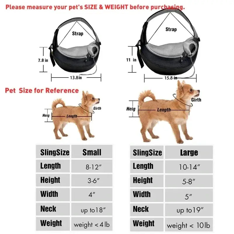 Pet carrier sling with size measurement instructions for dogs.