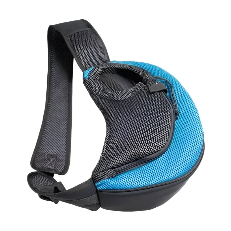 Pet carrier sling in sky blue and dark gray colors.