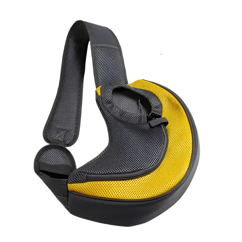 Pet carrier sling with a yellow interior and gray exterior strap.